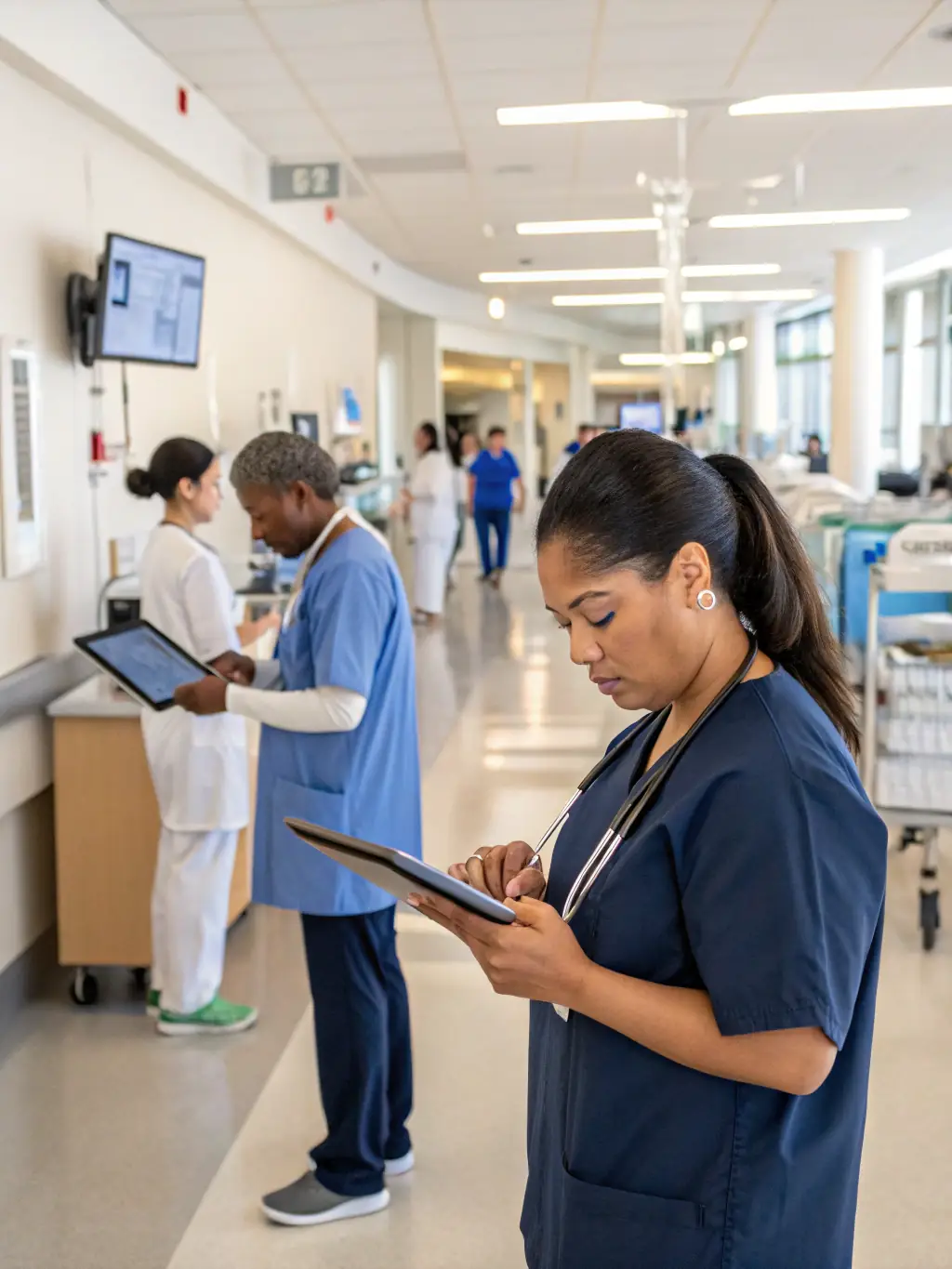 A modern hospital with doctors and nurses using tablets to access patient information, representing the healthcare industry.