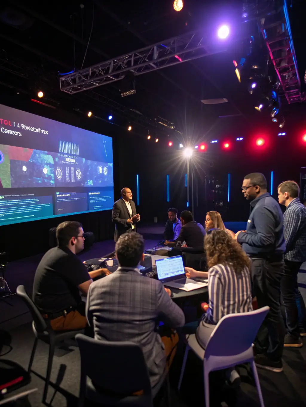 A professional consultant is leading a workshop, guiding a diverse team through a digital transformation strategy session, emphasizing collaboration and innovative problem-solving.